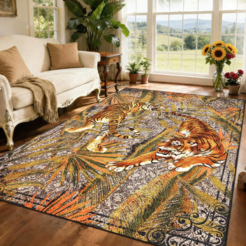 Garvee 6' x 9' Tiger Jungle Area Rug, Washable Non-Slip Low-Pile Animal Print Rug for Living Room & Bedroom, Camel