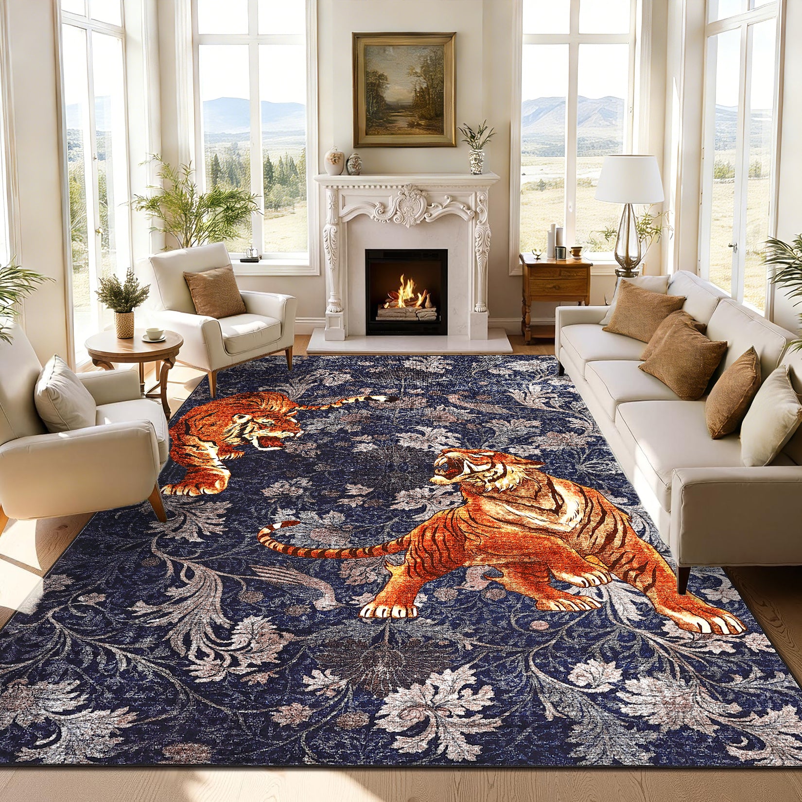 Garvee 8' x 10' Tiger Floral Area Rug, Washable Non-Slip Low-Pile Animal Print Rug for Living Room, Bedroom & Dining Room, Navy Blue