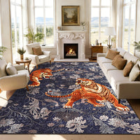 Garvee 8' x 10' Tiger Floral Area Rug, Washable Non-Slip Low-Pile Animal Print Rug for Living Room, Bedroom & Dining Room, Navy Blue