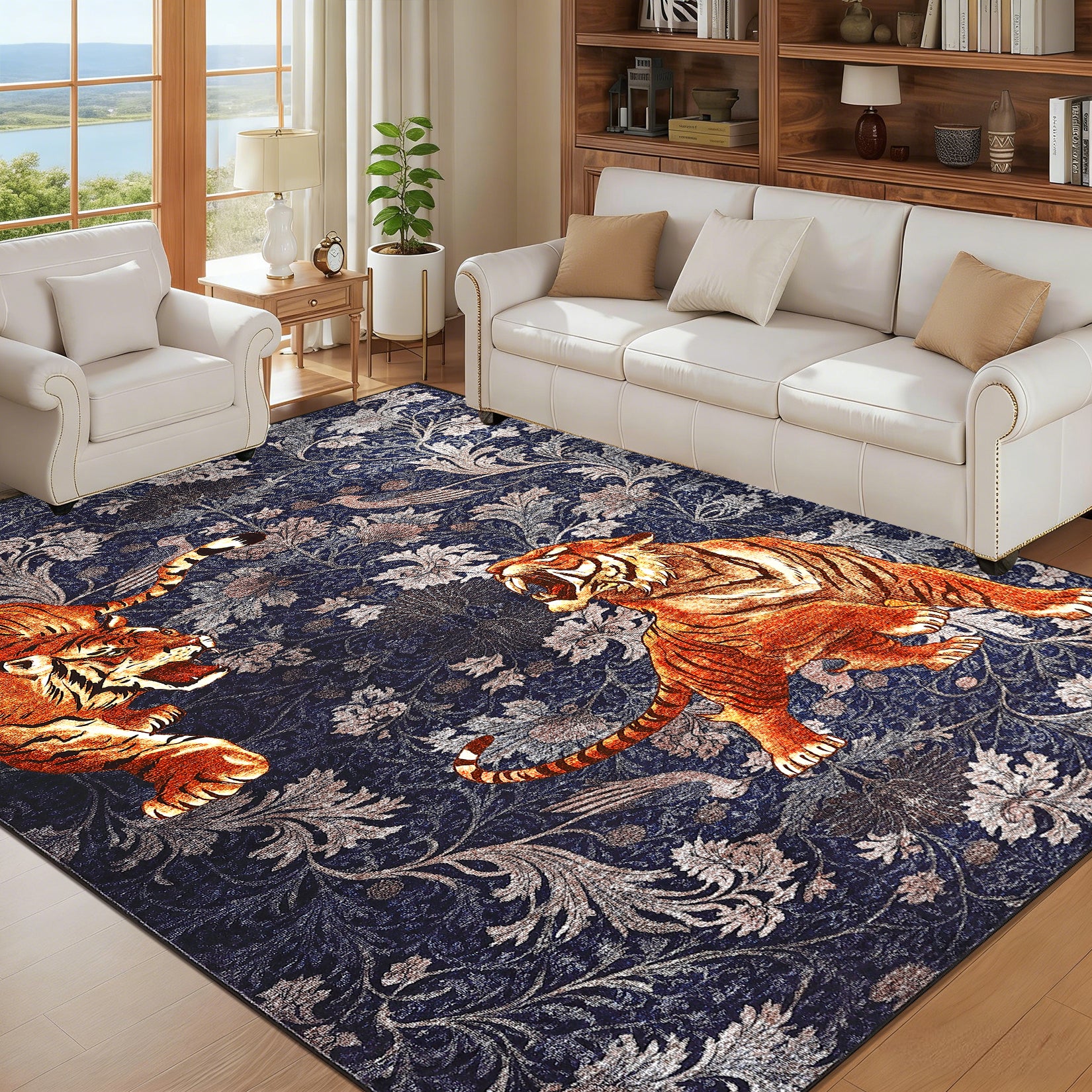 Garvee 10' x 13' Extra Large Tiger Floral Area Rug, Washable Non-Slip Low-Pile Animal Print Rug for Living Room & Dining Room, Navy Blue