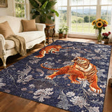 Garvee 5' x 7' Tiger Floral Area Rug, Washable Non-Slip Low-Pile Animal Print Rug for Living Room, Bedroom & Office, Navy Blue - Navy Blue
