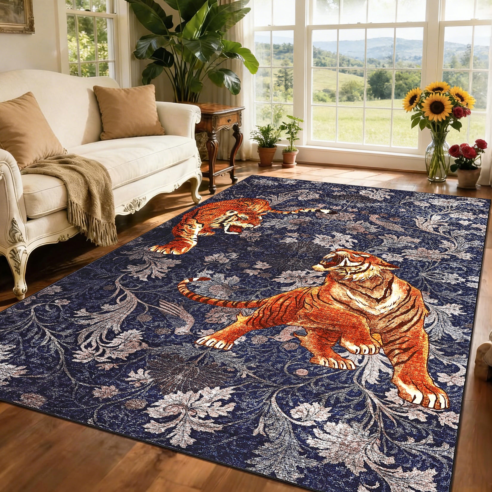 Garvee Bedroom Rug Washable Area Rug Non Slip Low Pile Boho Floral Carpet Navy 6x9ft