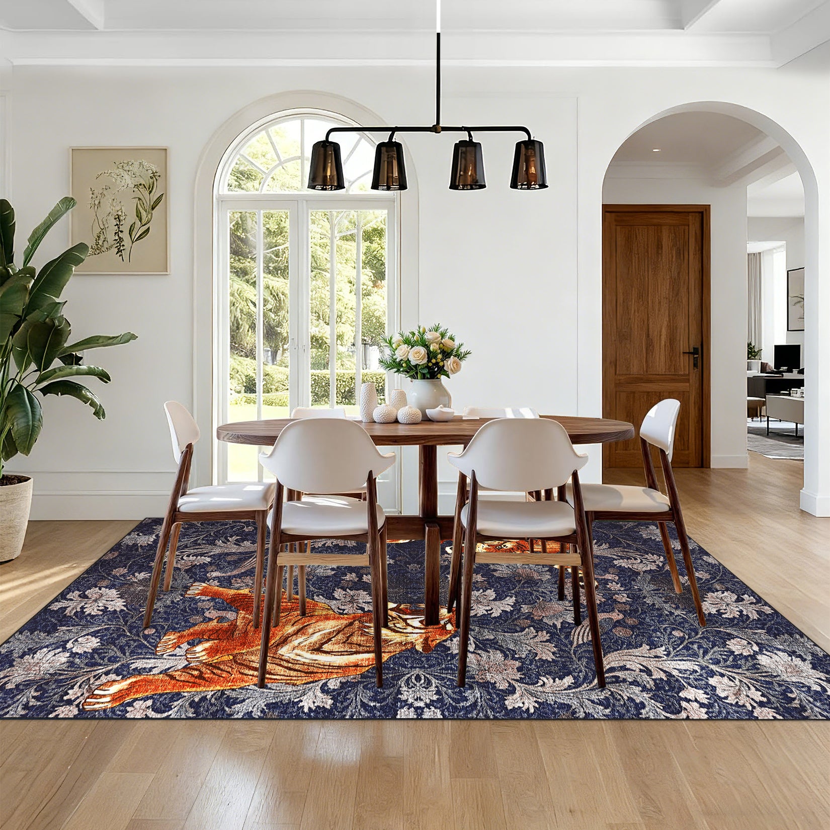 Garvee 8' x 10' Tiger Floral Area Rug, Washable Non-Slip Low-Pile Animal Print Rug for Living Room, Bedroom & Dining Room, Navy Blue