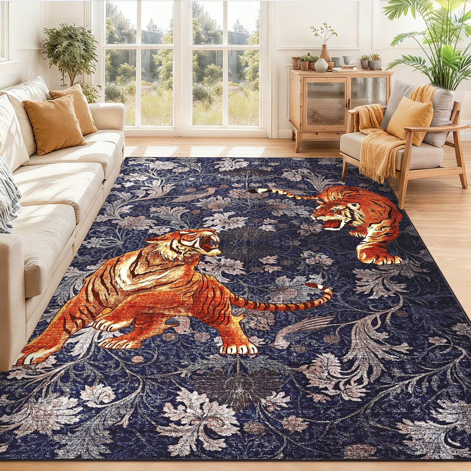 Garvee 10' x 13' Extra Large Tiger Floral Area Rug, Washable Non-Slip Low-Pile Animal Print Rug for Living Room & Dining Room, Navy Blue
