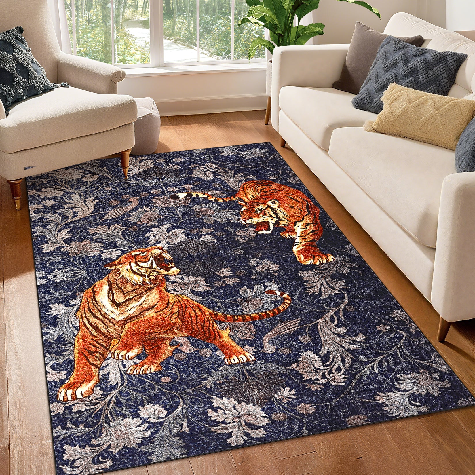 Garvee 8' x 10' Tiger Floral Area Rug, Washable Non-Slip Low-Pile Animal Print Rug for Living Room, Bedroom & Dining Room, Navy Blue