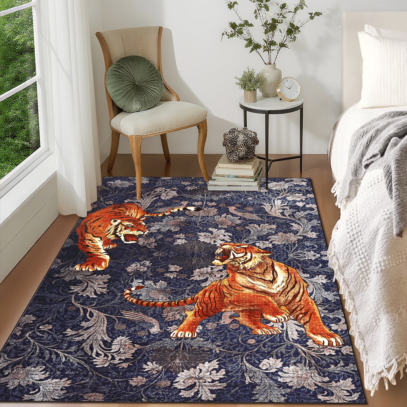 Garvee Bedroom Rug Washable Area Rug Non Slip Low Pile Boho Floral Carpet Navy 6x9ft