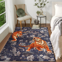 Garvee Bedroom Rug Washable Area Rug Non Slip Low Pile Boho Floral Carpet Navy 6x9ft