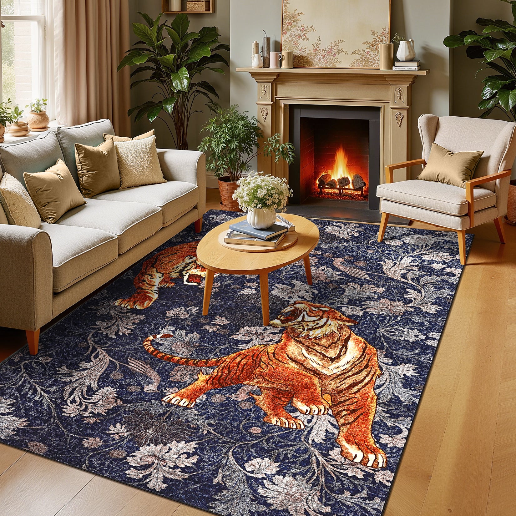 Garvee Bedroom Rug Washable Area Rug Non Slip Low Pile Boho Floral Carpet Navy 6x9ft
