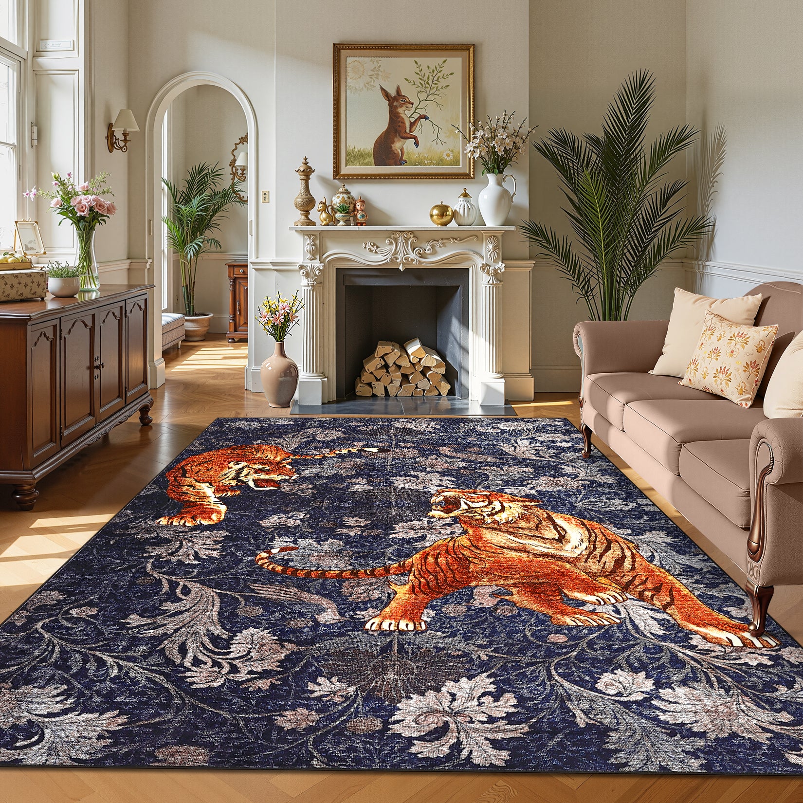 Garvee Bedroom Rug Washable Area Rug Non Slip Low Pile Boho Floral Carpet Navy 6x9ft