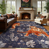 Garvee 8' x 10' Tiger Floral Area Rug, Washable Non-Slip Low-Pile Animal Print Rug for Living Room, Bedroom & Dining Room, Navy Blue - Navy Blue