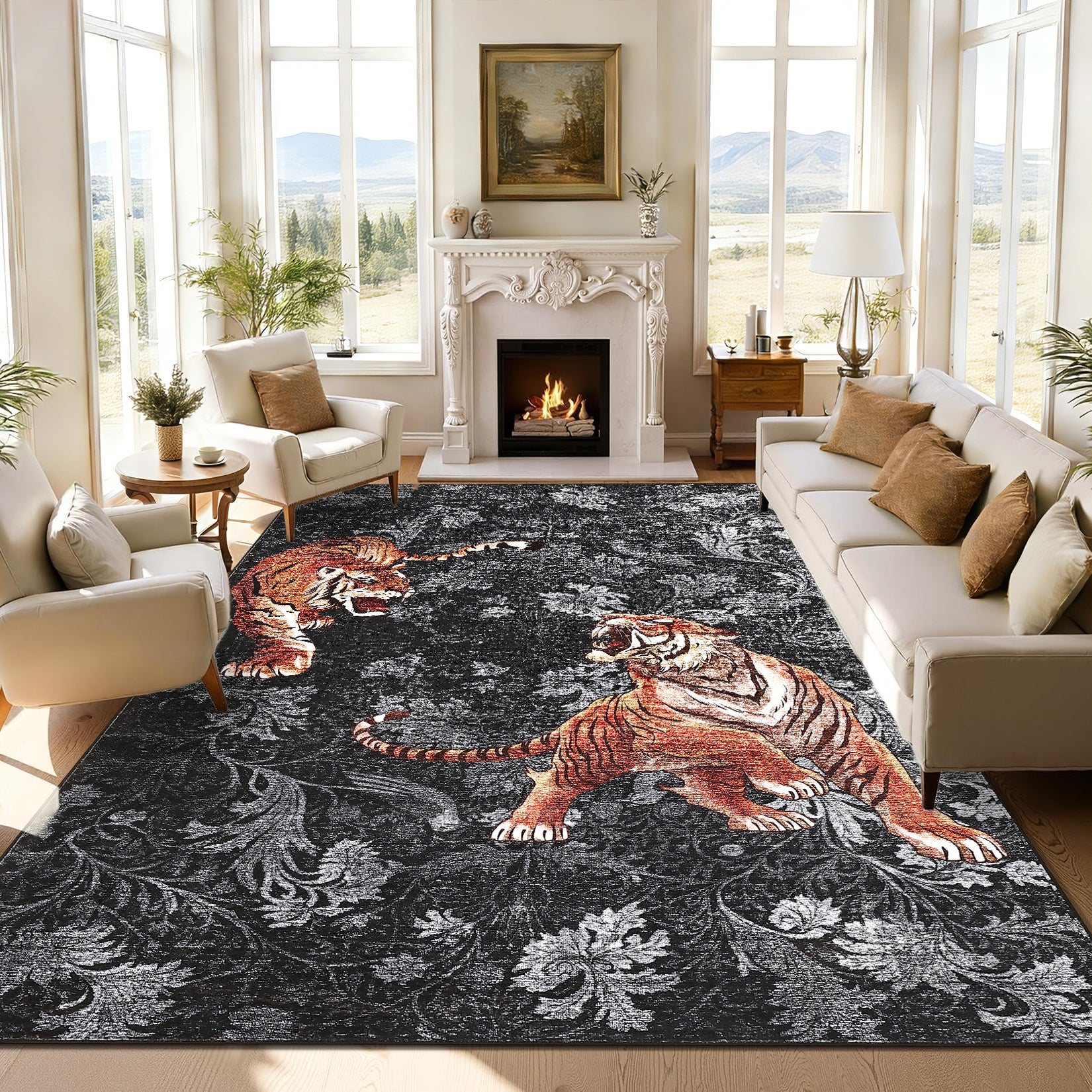 Garvee 5' x 7' Tiger Floral Area Rug, Washable Non-Slip Low-Pile Animal Print Rug for Living Room, Bedroom & Office, Dark Gray