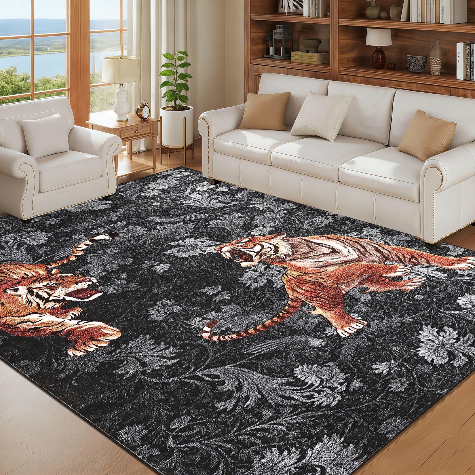 Garvee 5' x 7' Tiger Floral Area Rug, Washable Non-Slip Low-Pile Animal Print Rug for Living Room, Bedroom & Office, Dark Gray