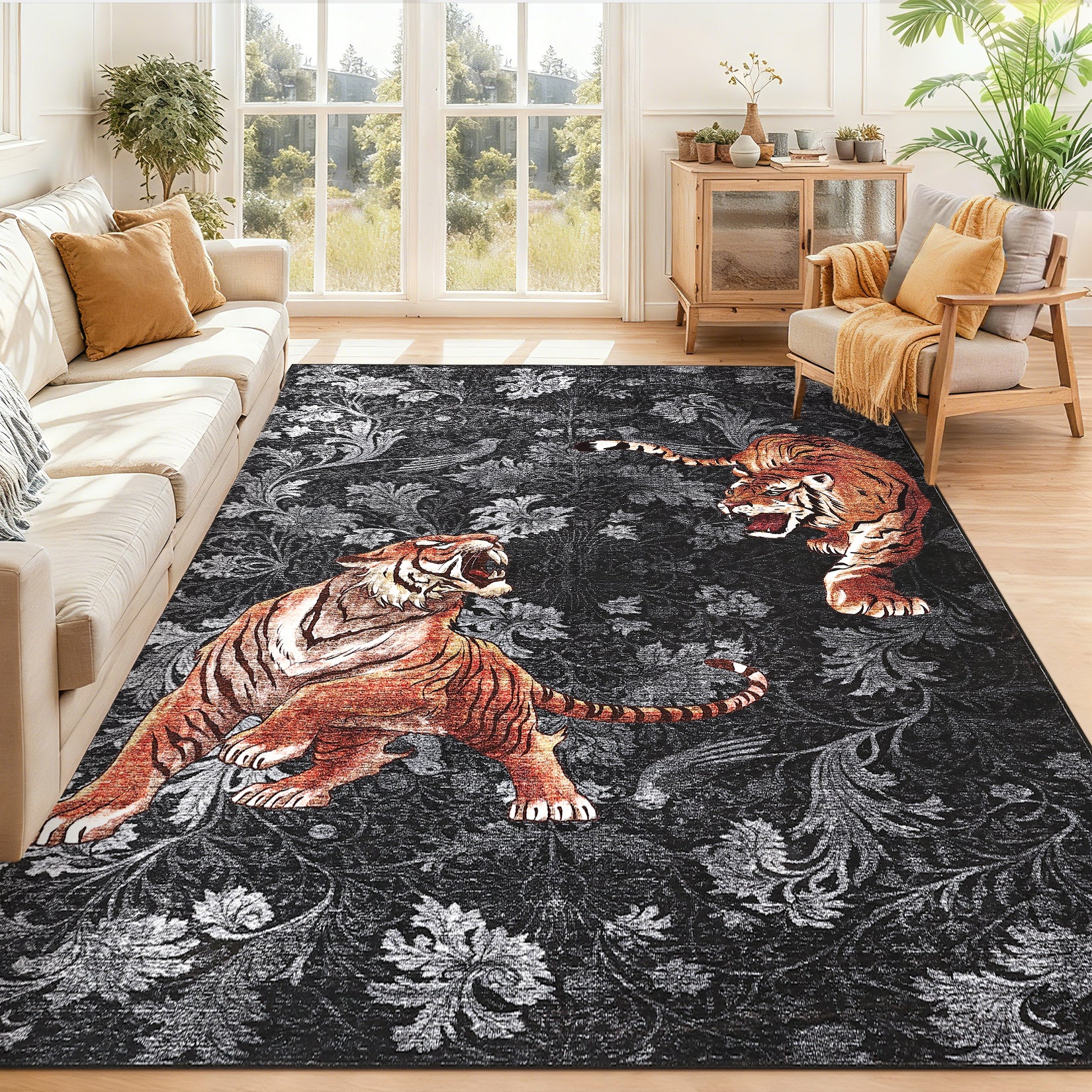 Garvee 9' x 12' Large Tiger Floral Area Rug, Washable Non-Slip Low-Pile Animal Print Rug for Living Room & Bedroom, Dark Gray