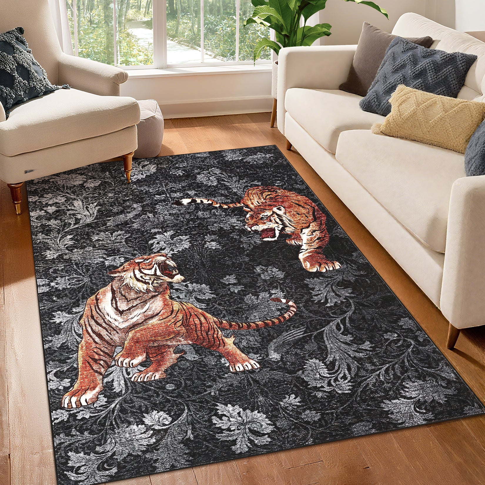 Garvee 5' x 7' Tiger Floral Area Rug, Washable Non-Slip Low-Pile Animal Print Rug for Living Room, Bedroom & Office, Dark Gray