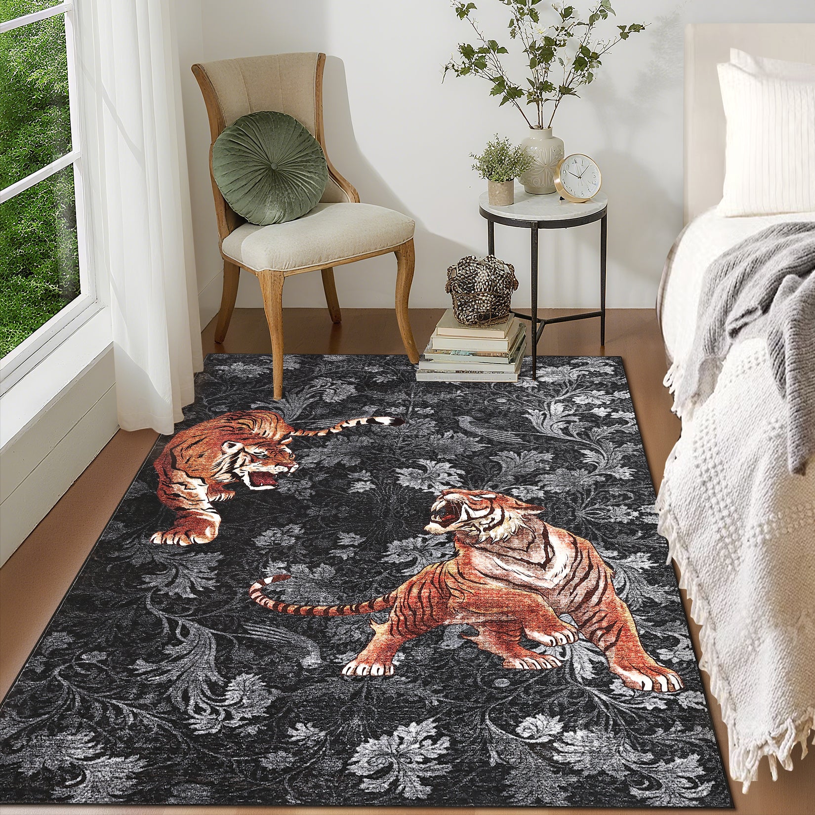 Garvee 5' x 7' Tiger Floral Area Rug, Washable Non-Slip Low-Pile Animal Print Rug for Living Room, Bedroom & Office, Dark Gray