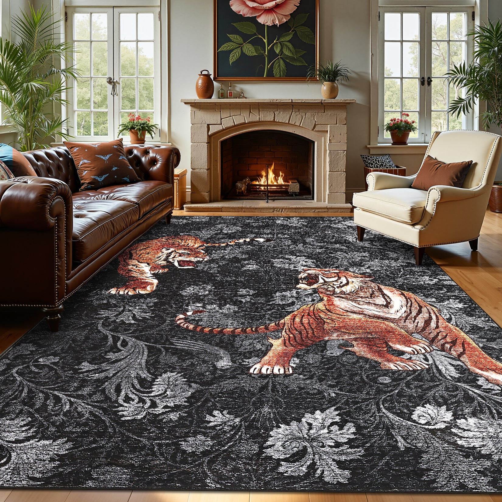 Garvee 5' x 7' Tiger Floral Area Rug, Washable Non-Slip Low-Pile Animal Print Rug for Living Room, Bedroom & Office, Dark Gray
