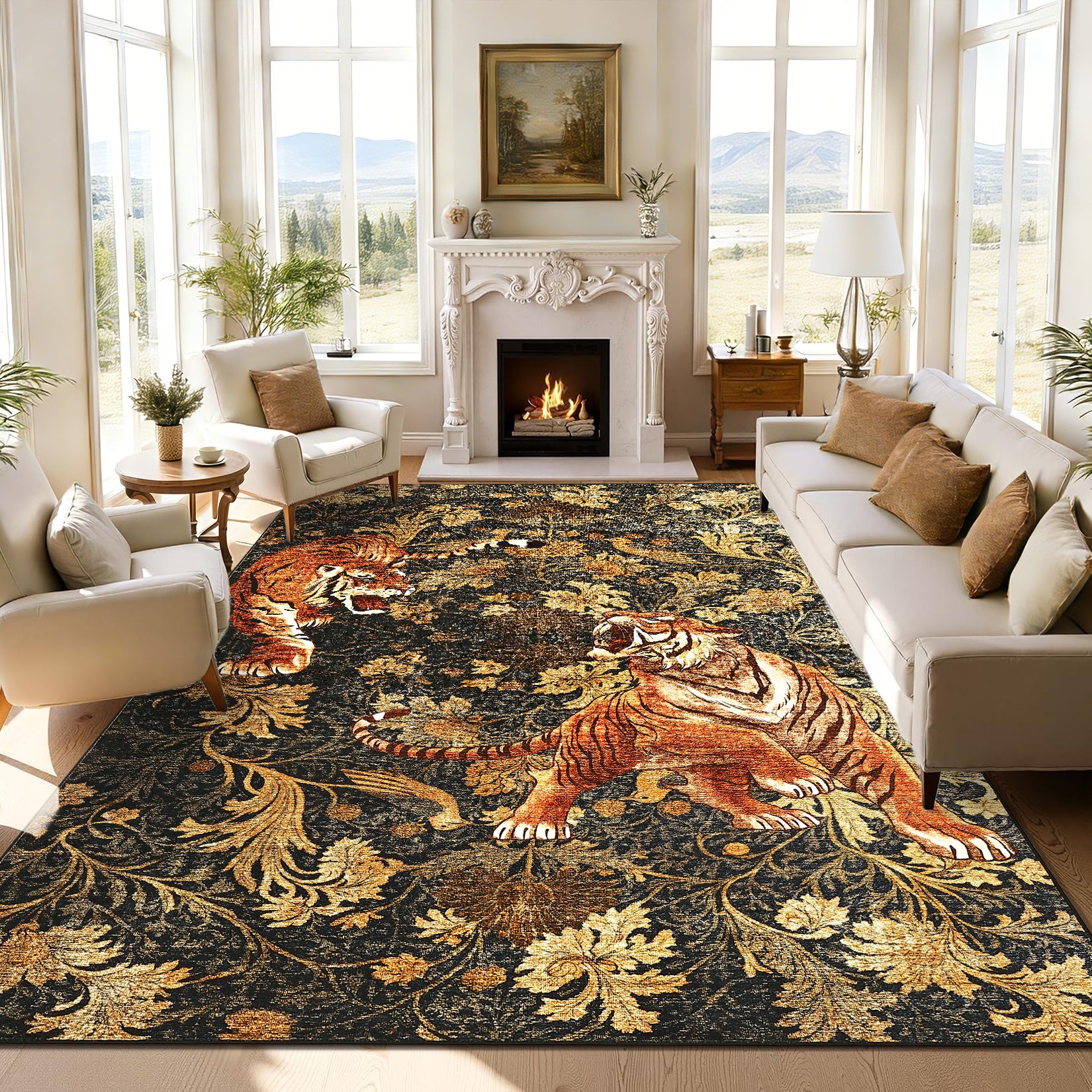 Garvee 9' x 12' Large Tiger Floral Area Rug, Washable Non-Slip Low-Pile Animal Print Rug for Living Room & Bedroom, Brown