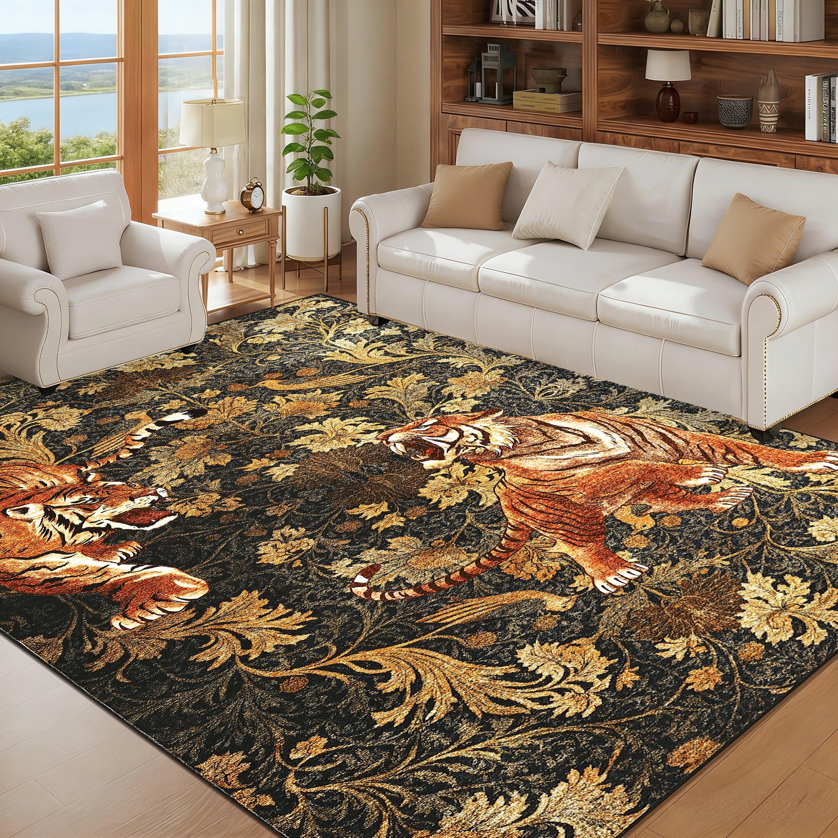 Garvee 9' x 12' Large Tiger Floral Area Rug, Washable Non-Slip Low-Pile Animal Print Rug for Living Room & Bedroom, Brown