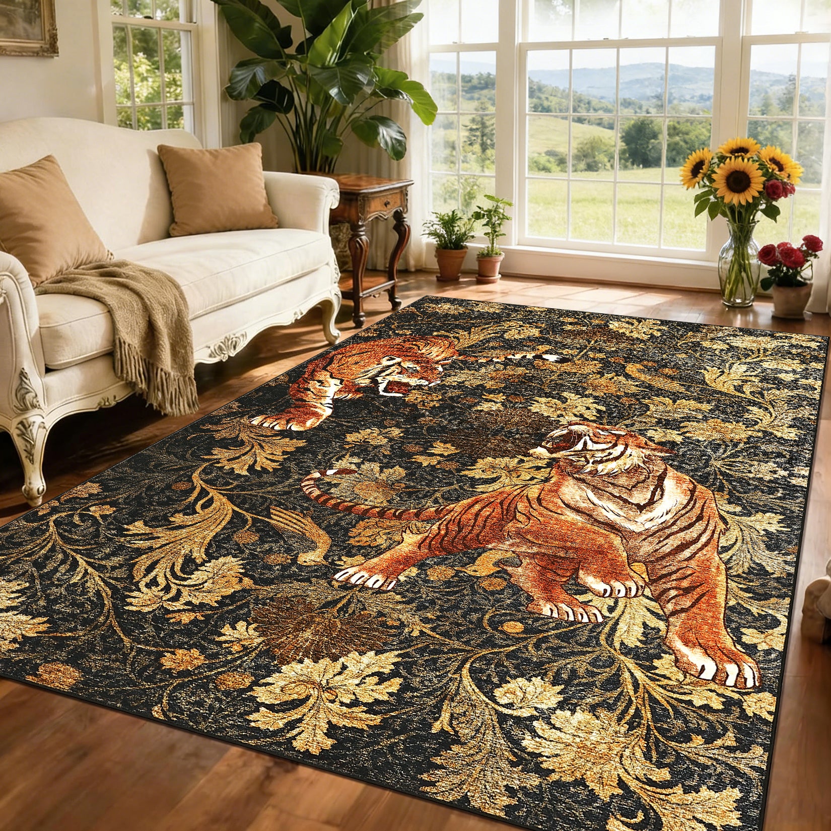 Garvee 8' x 10' Tiger Floral Area Rug, Washable Non-Slip Low-Pile Animal Print Rug for Living Room, Bedroom & Dining Room, Brown