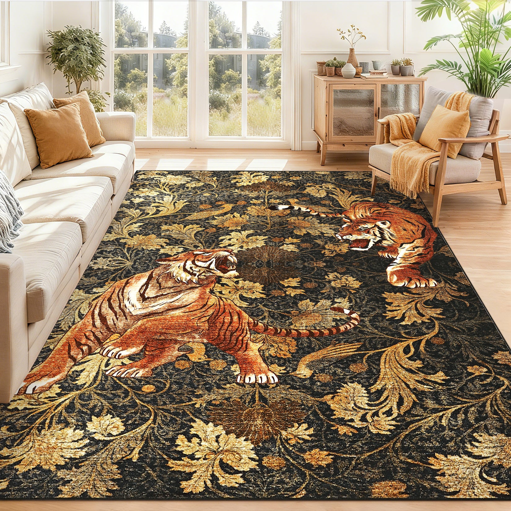 Garvee 9' x 12' Large Tiger Floral Area Rug, Washable Non-Slip Low-Pile Animal Print Rug for Living Room & Bedroom, Brown