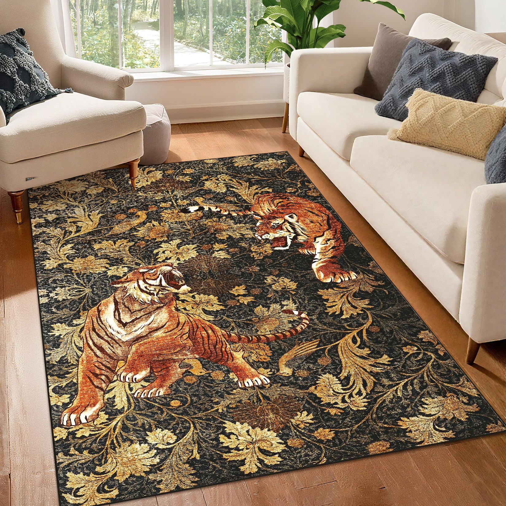 Garvee 8' x 10' Tiger Floral Area Rug, Washable Non-Slip Low-Pile Animal Print Rug for Living Room, Bedroom & Dining Room, Brown