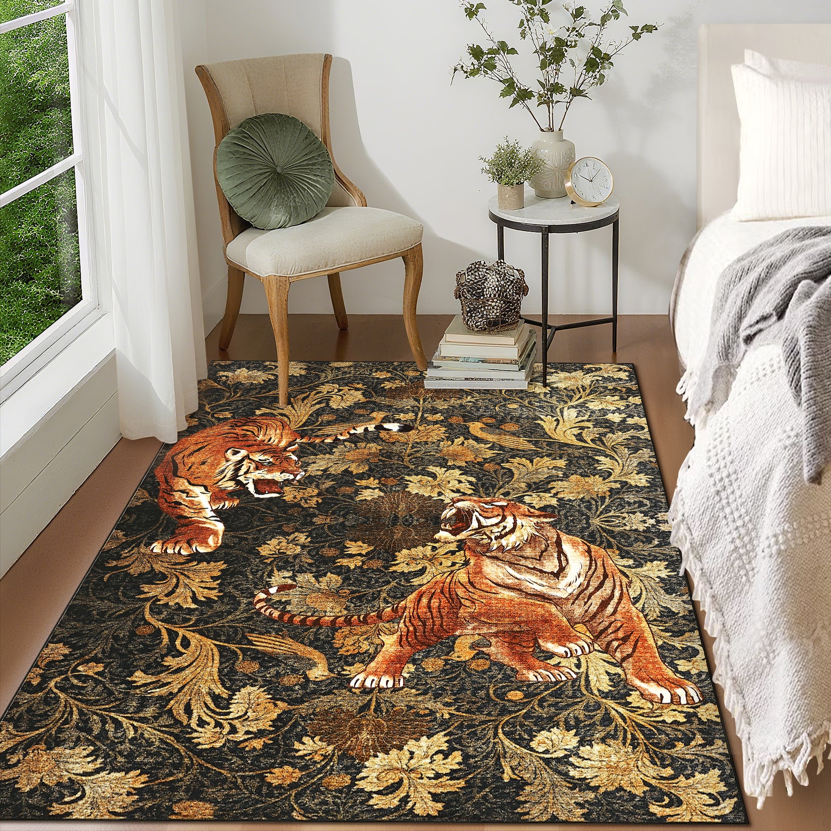 Garvee 9' x 12' Large Tiger Floral Area Rug, Washable Non-Slip Low-Pile Animal Print Rug for Living Room & Bedroom, Brown