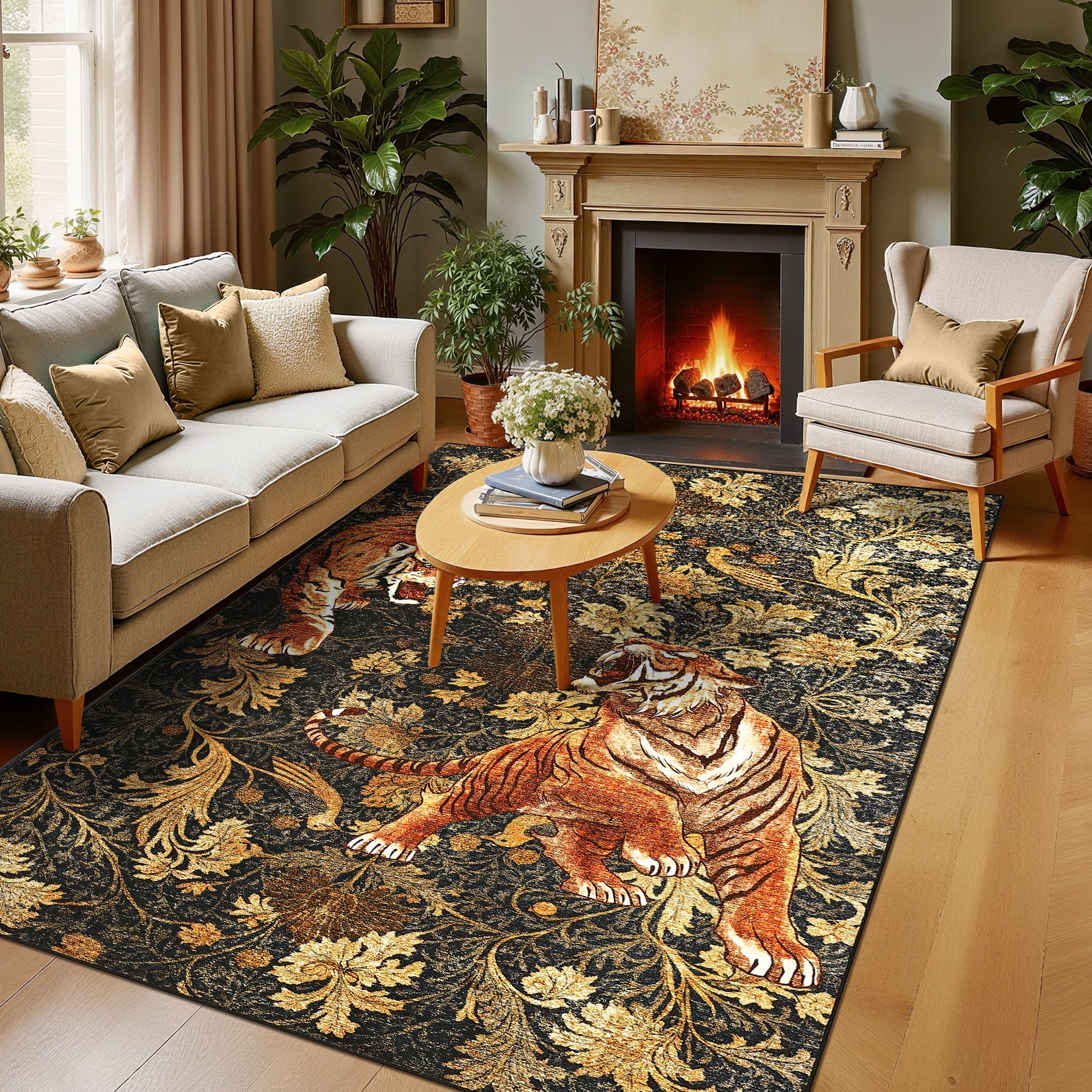 Garvee 9' x 12' Large Tiger Floral Area Rug, Washable Non-Slip Low-Pile Animal Print Rug for Living Room & Bedroom, Brown