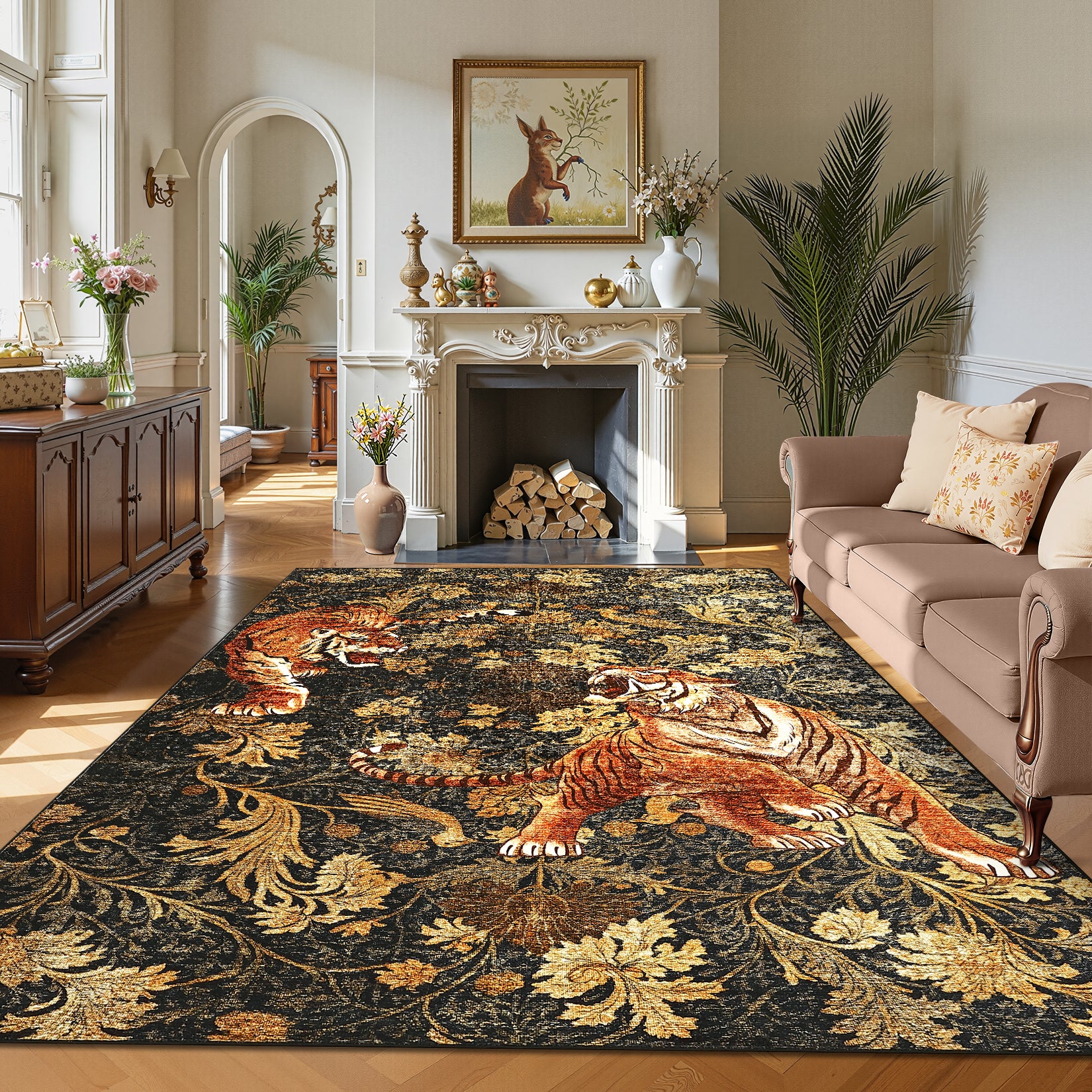 Garvee 8' x 10' Tiger Floral Area Rug, Washable Non-Slip Low-Pile Animal Print Rug for Living Room, Bedroom & Dining Room, Brown