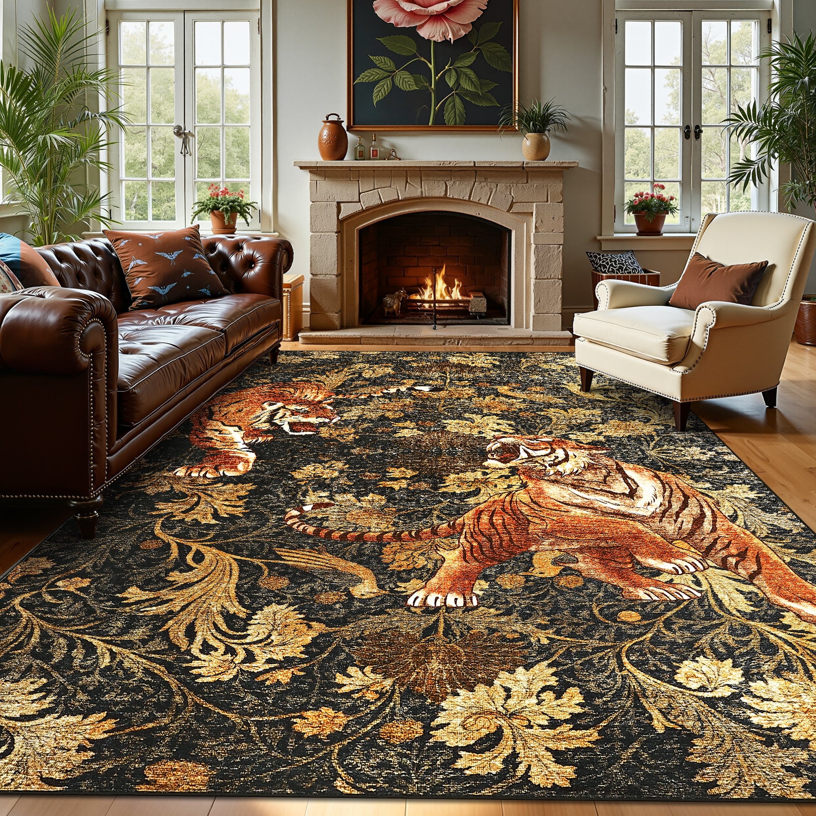 Garvee 9' x 12' Large Tiger Floral Area Rug, Washable Non-Slip Low-Pile Animal Print Rug for Living Room & Bedroom, Brown