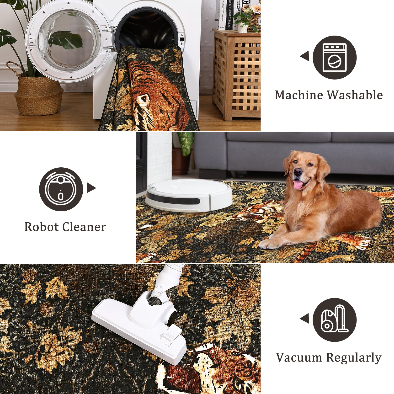 Garvee 9' x 12' Large Tiger Floral Area Rug, Washable Non-Slip Low-Pile Animal Print Rug for Living Room & Bedroom, Brown