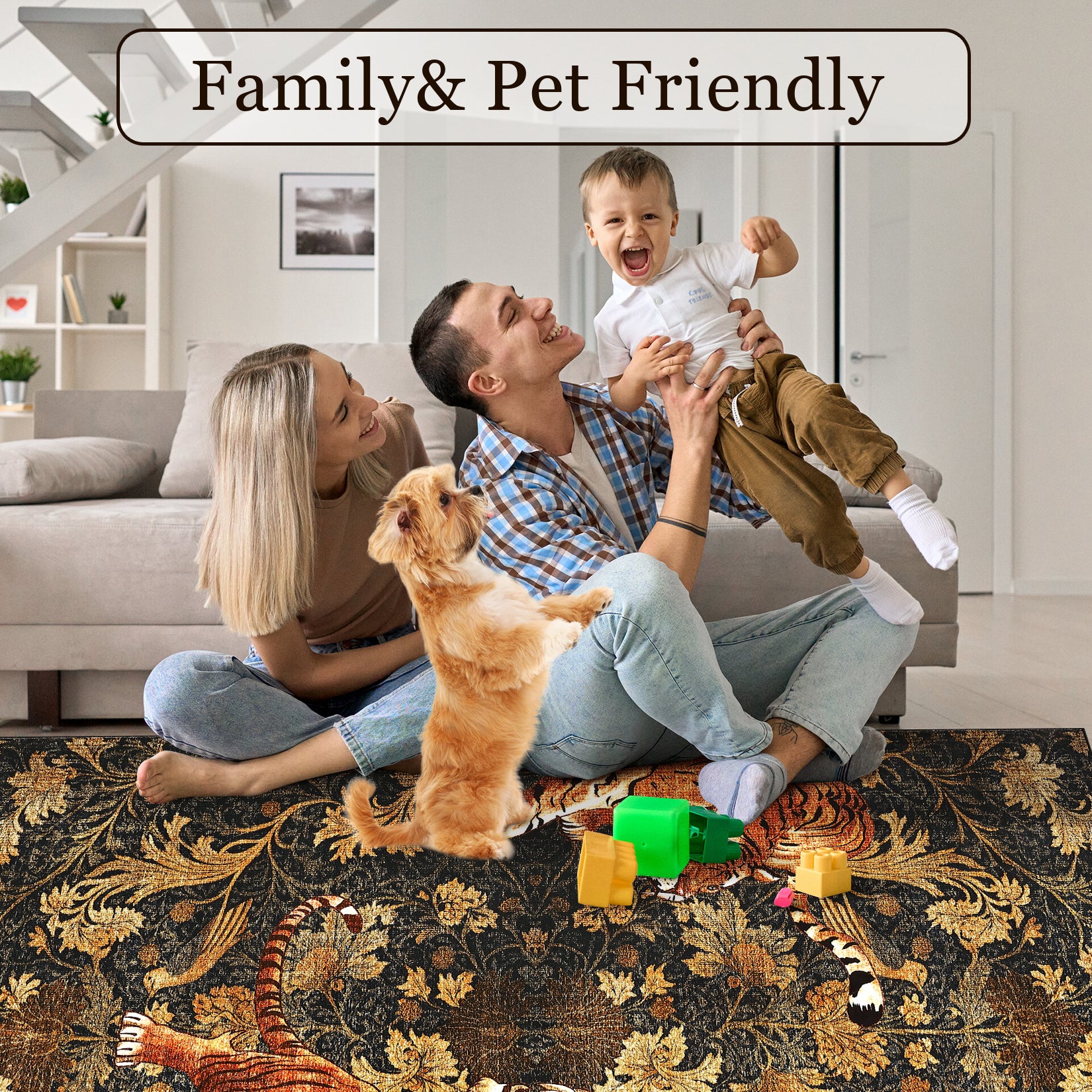 Garvee 9' x 12' Large Tiger Floral Area Rug, Washable Non-Slip Low-Pile Animal Print Rug for Living Room & Bedroom, Brown