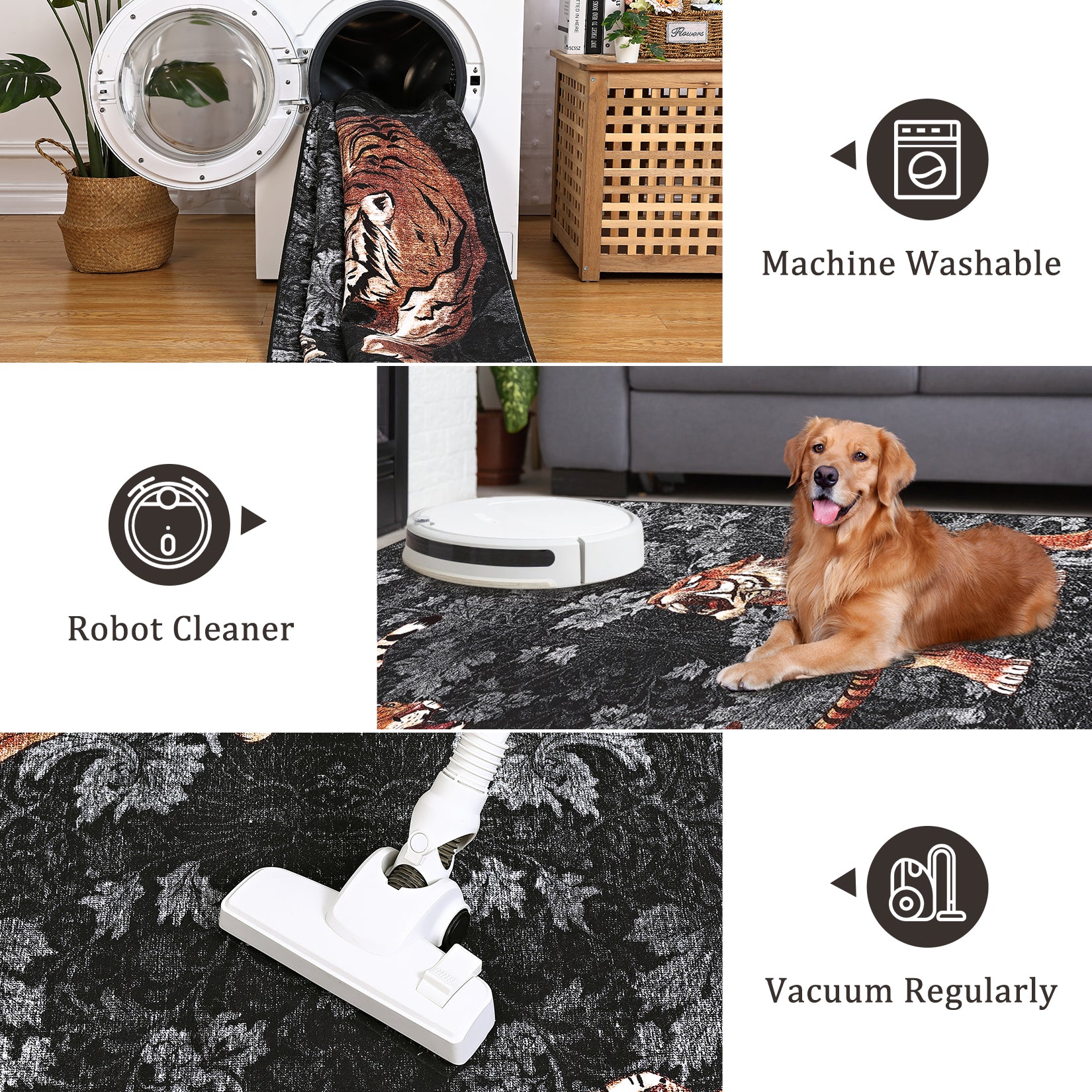 Garvee 5' x 7' Tiger Floral Area Rug, Washable Non-Slip Low-Pile Animal Print Rug for Living Room, Bedroom & Office, Dark Gray