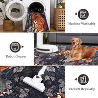 Garvee Bedroom Rug Washable Area Rug Non Slip Low Pile Boho Floral Carpet Navy 6x9ft