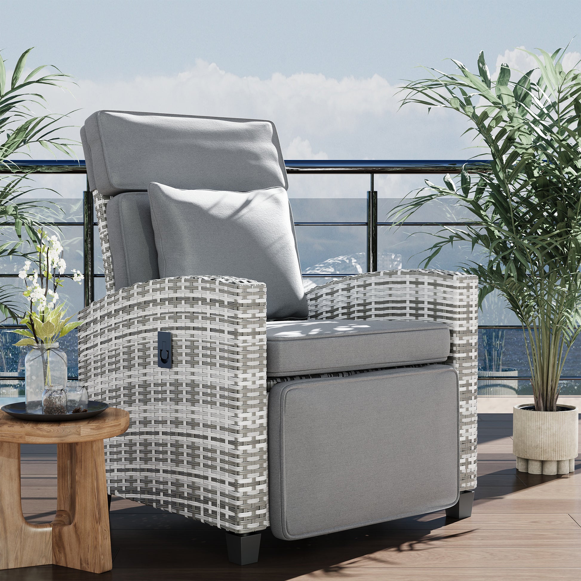 Garvee Outdoor Rattan Recliner Chair with Gray Cushion, 145° Adjustable Patio Lounge Chair with Footrest, Flip-Up Side Table & Gray White PE Wicker for Porch, Balcony, Poolside