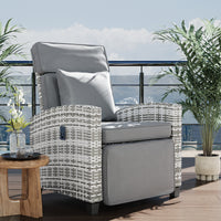 Garvee Outdoor Rattan Recliner Chair with Gray Cushion, 145° Adjustable Patio Lounge Chair with Footrest, Flip-Up Side Table & Gray White PE Wicker for Porch, Balcony, Poolside
