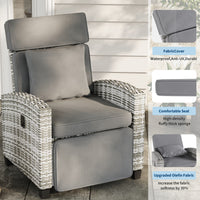 Garvee Outdoor Rattan Recliner Chair with Gray Cushion, 145° Adjustable Patio Lounge Chair with Footrest, Flip-Up Side Table & Gray White PE Wicker for Porch, Balcony, Poolside