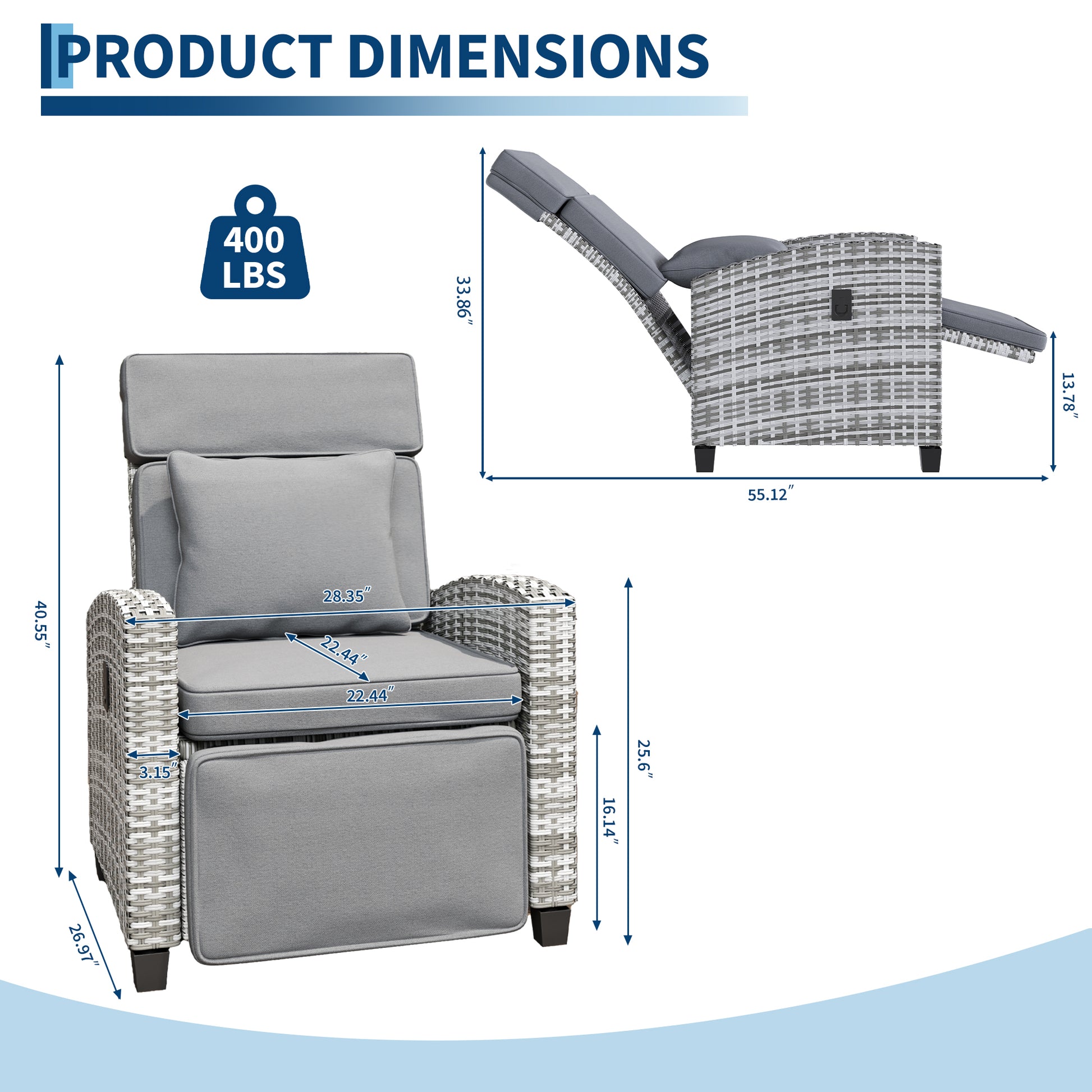Garvee Outdoor Rattan Recliner Chair with Gray Cushion, 145° Adjustable Patio Lounge Chair with Footrest, Flip-Up Side Table & Gray White PE Wicker for Porch, Balcony, Poolside
