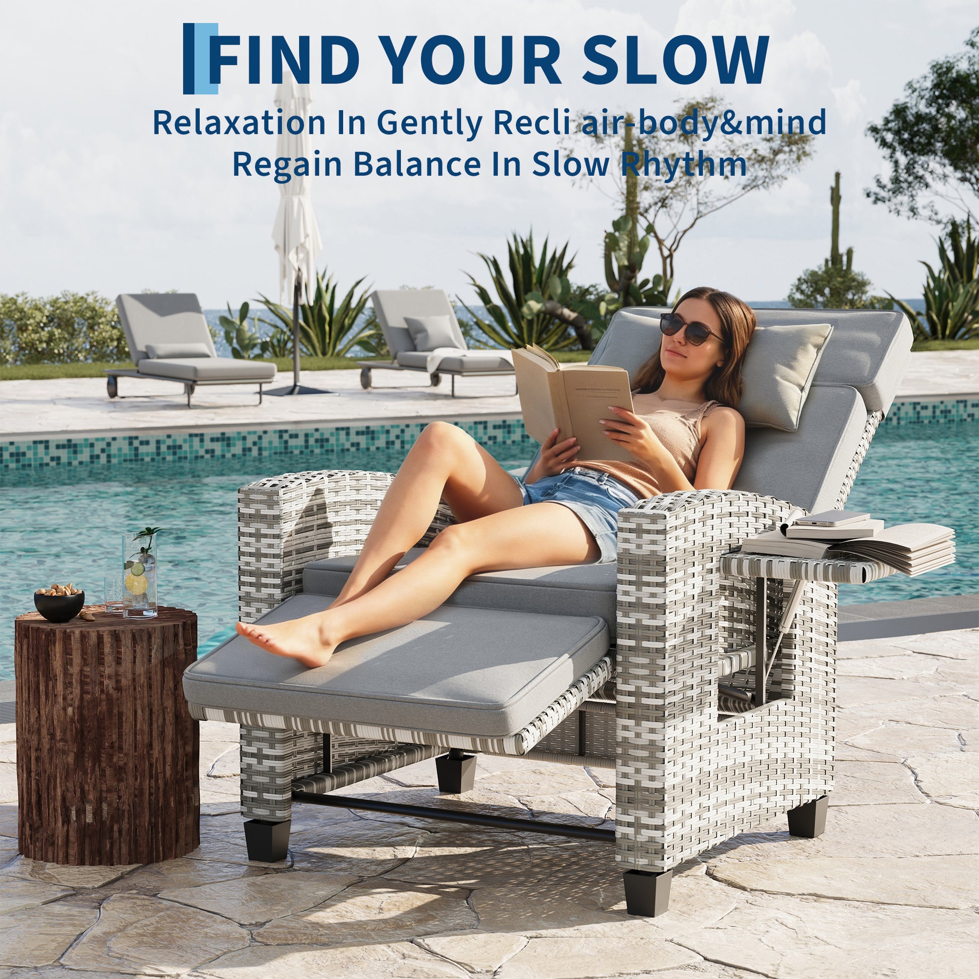 Garvee Outdoor Rattan Recliner Chair with Gray Cushion, 145° Adjustable Patio Lounge Chair with Footrest, Flip-Up Side Table & Gray White PE Wicker for Porch, Balcony, Poolside