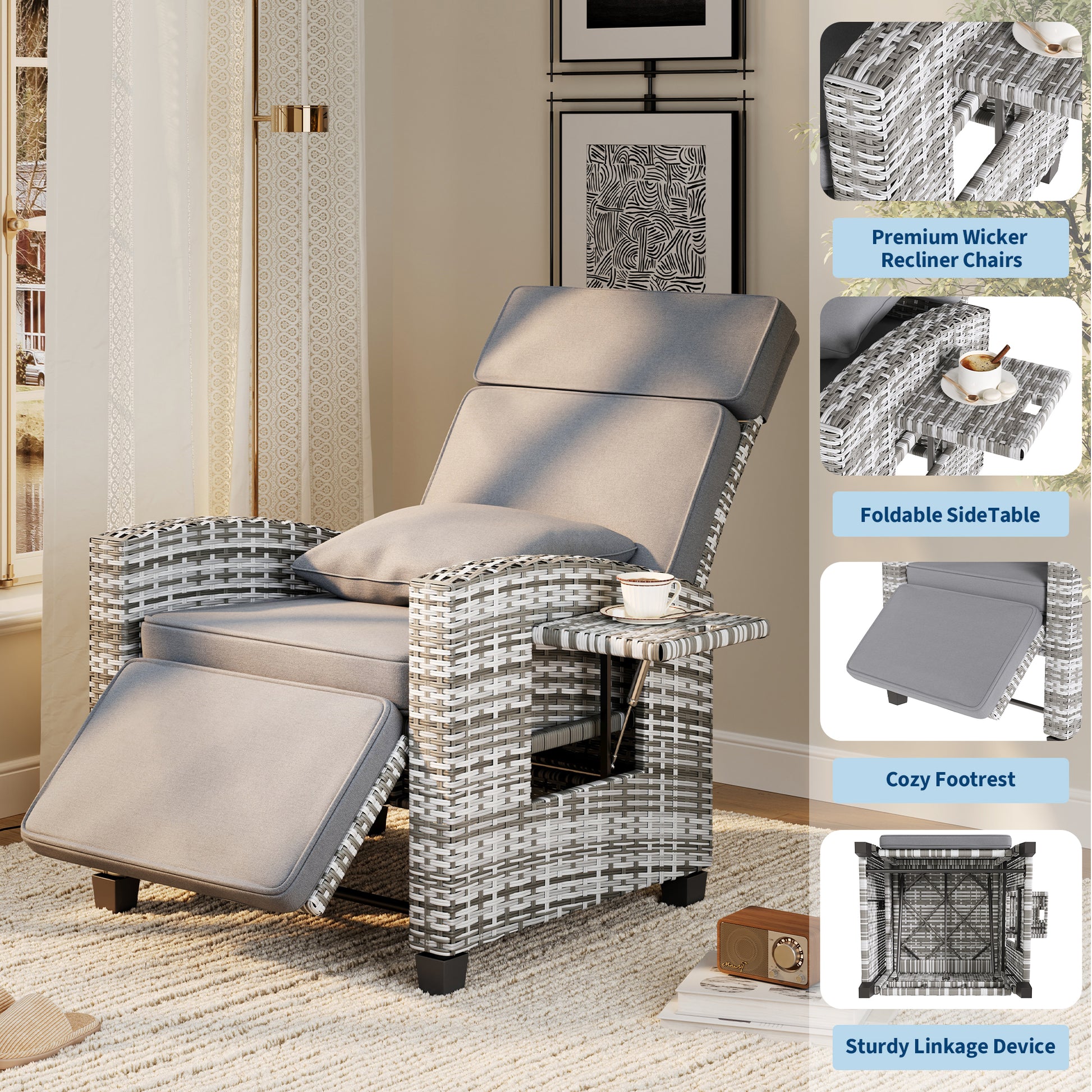 Garvee Outdoor Rattan Recliner Chair with Gray Cushion, 145° Adjustable Patio Lounge Chair with Footrest, Flip-Up Side Table & Gray White PE Wicker for Porch, Balcony, Poolside