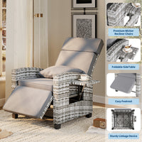 Garvee Outdoor Rattan Recliner Chair with Gray Cushion, 145° Adjustable Patio Lounge Chair with Footrest, Flip-Up Side Table & Gray White PE Wicker for Porch, Balcony, Poolside