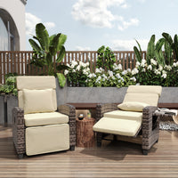 Garvee Outdoor Rattan Recliner Chair with Cushion, Adjustable Patio Lounge Chair with Footrest, Flip-Up Side Table & 145° Reclining Backrest for Porch, Balcony, Poolside, Brown Rattan + Khaki Cushion