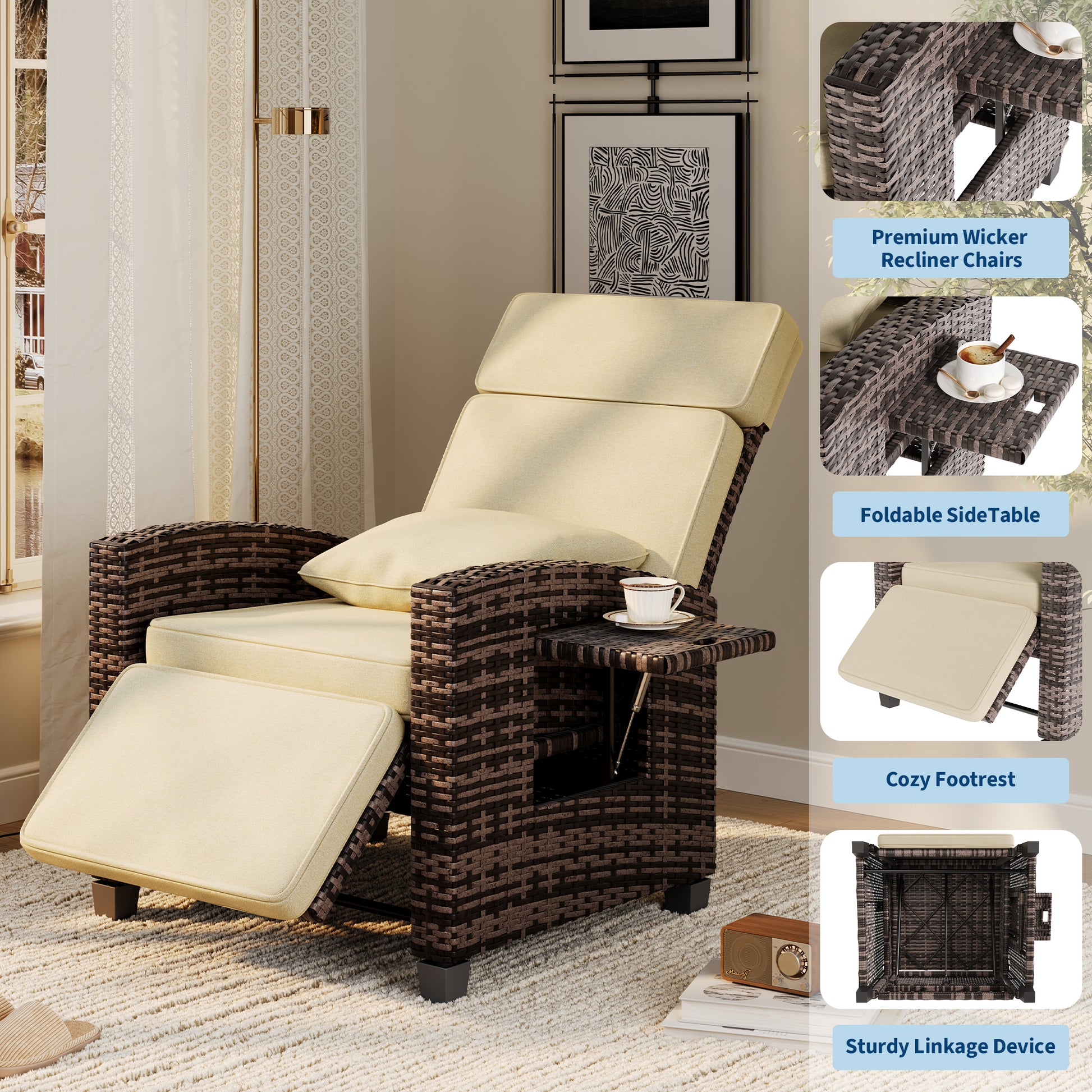 Garvee Outdoor Rattan Recliner Chair with Cushion, Adjustable Patio Lounge Chair with Footrest, Flip-Up Side Table & 145° Reclining Backrest for Porch, Balcony, Poolside, Brown Rattan + Khaki Cushion