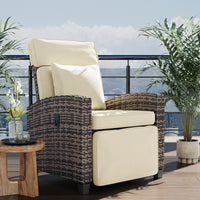 Garvee Outdoor Rattan Recliner Chair with Cushion, Adjustable Patio Lounge Chair with Footrest, Flip-Up Side Table & 145° Reclining Backrest for Porch, Balcony, Poolside, Brown Rattan + Khaki Cushion
