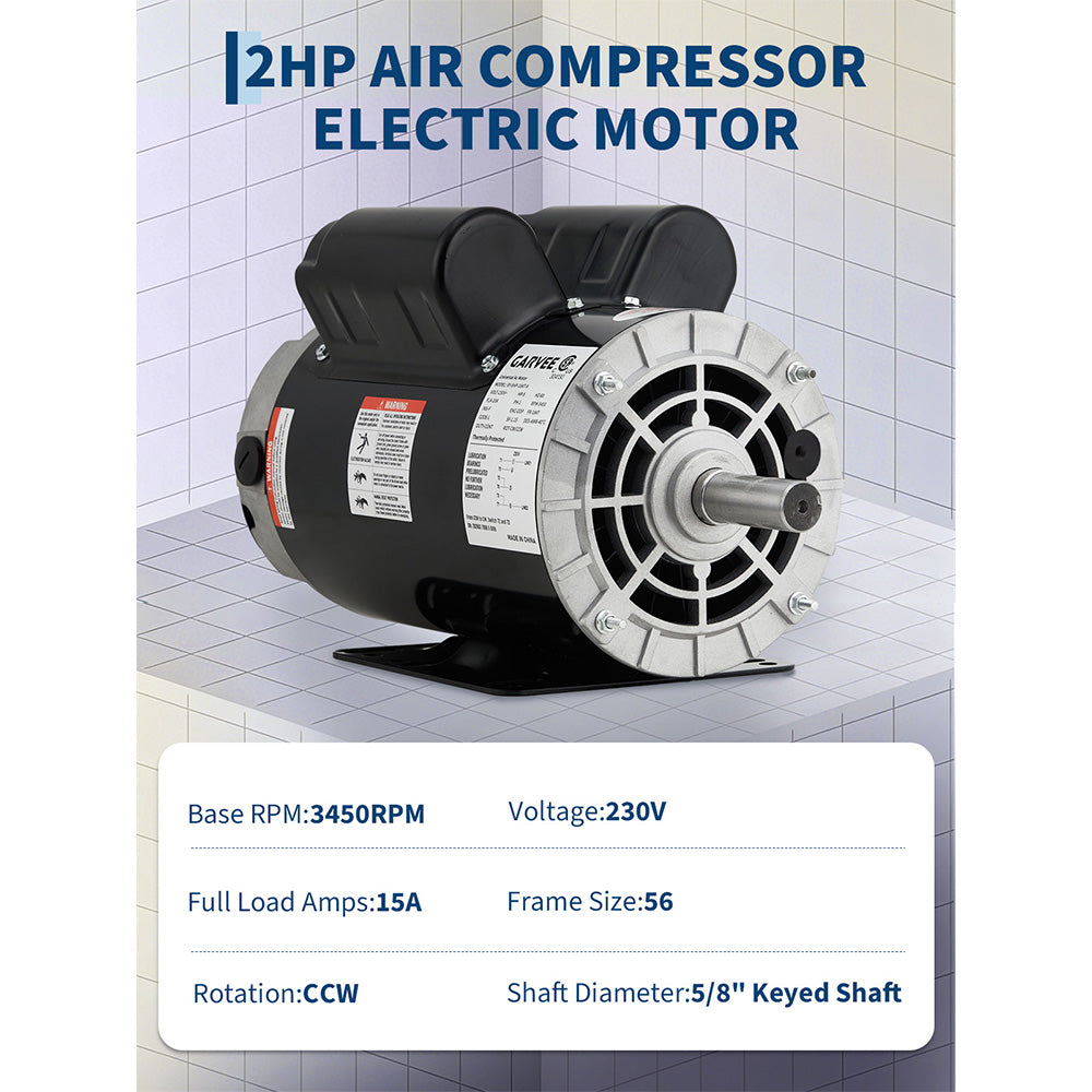 Garvee 2HP SPL Air Compressor Electric Motor, 110/230V, 56 Frame, 5/8" Keyed Shaft, Ultra Quiet, Dual CW/CCW Rotation