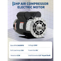 Garvee 2HP SPL Air Compressor Electric Motor, 110/230V, 56 Frame, 5/8" Keyed Shaft, Ultra Quiet, Dual CW/CCW Rotation