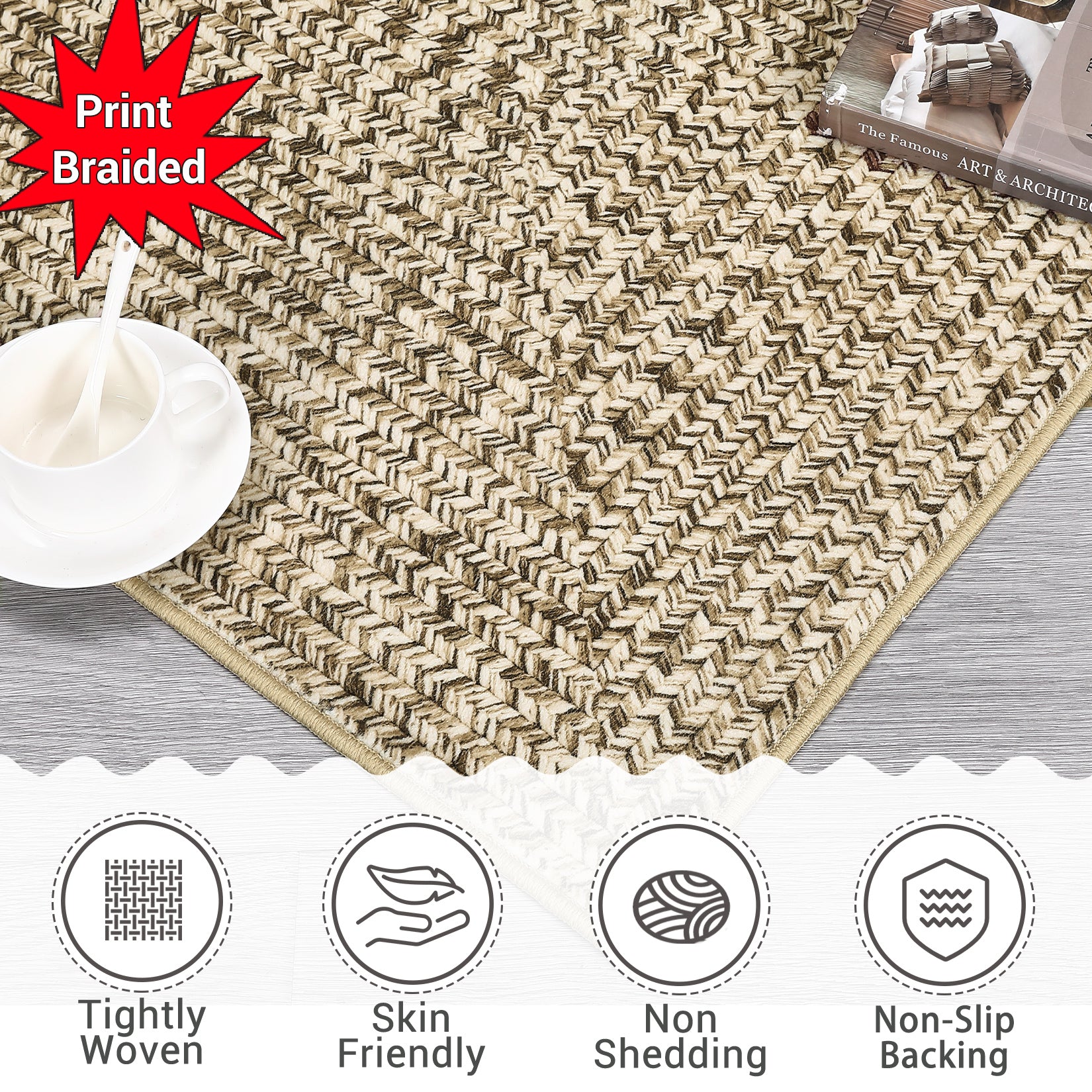 Garvee Washable Area Rugs Beige Yellow 5x7 Rug Non Slip Modern Soft Braided Print for Living Room Bedroom