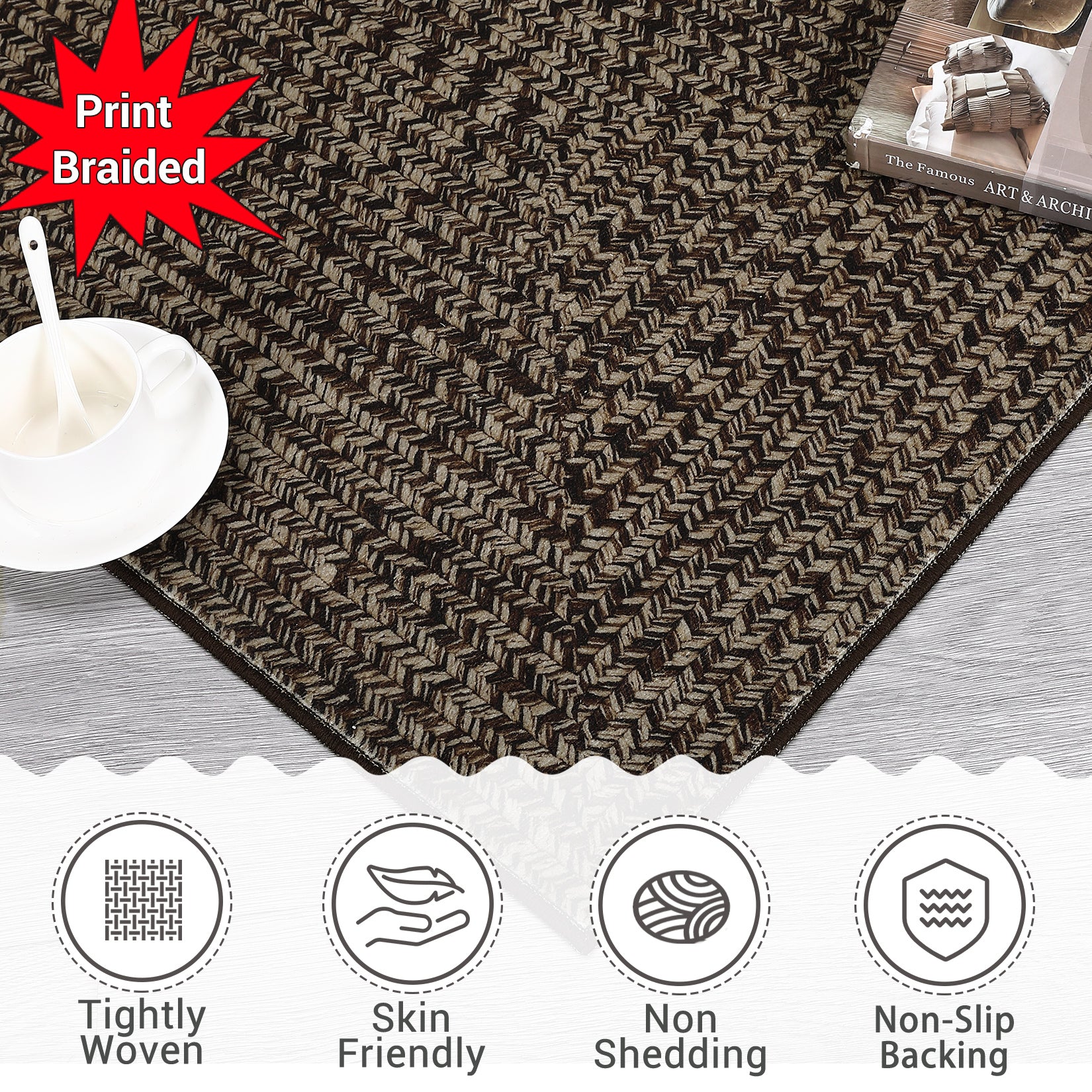 Garvee 2' x 10' Extra-Long Printed Braided-Style Runner Rug, Washable Low-Pile Rug with Non-Slip TPR Backing for Hallway & Kitchen, Dark Brown