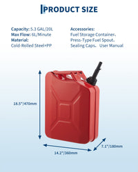 Garvee Corrosion-Resistant Steel Jerry Can Fuel Transfer Tank – 20L/5.3-Gallon, Fast 6L/Min Circulation, Portable Gasoline Storage with Extension Tube & Sealing Cap for Car, Truck, ATV, UTV, Boat, Motorcycle – Red, Single Pack