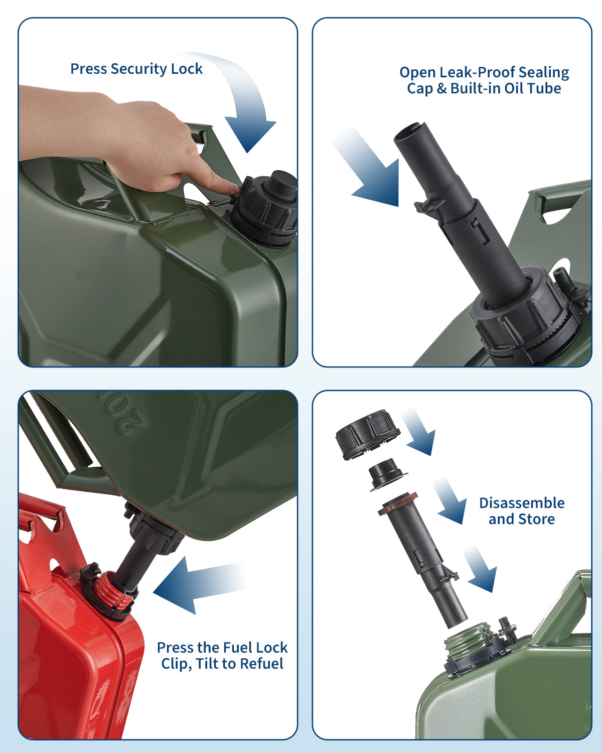 Garvee 20L Metal Fuel Container with Tube, 5.3 Gallon Jerry Can with Sealing Cap, Grip Handle,6L/Min Max Flow Rate,Corrosion-Resistant Tank for Most Vehicles Cars Motorcycle ATV UTV, Green 1 Pack