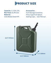Garvee 20L Metal Fuel Container with Tube, 5.3 Gallon Jerry Can with Sealing Cap, Grip Handle,6L/Min Max Flow Rate,Corrosion-Resistant Tank for Most Vehicles Cars Motorcycle ATV UTV, Green 1 Pack